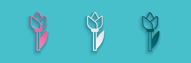 剪纸郁金香图标孤立在蓝色背景上。纸艺术风格。向量图片下载