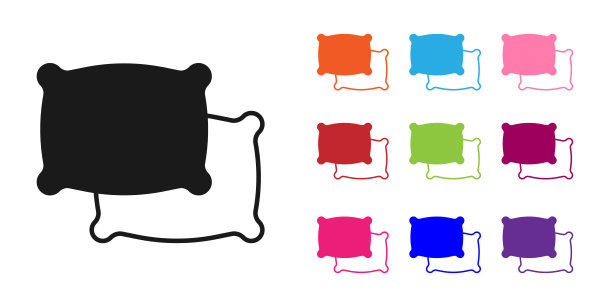 黑色矩形枕头图标孤立在白色背景。缓解的迹象。设置图标丰富多彩。向量图片下载