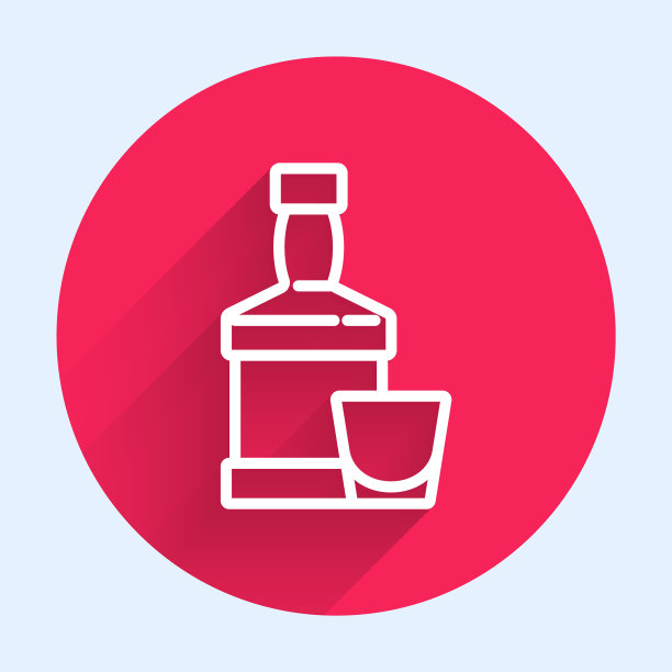 白线威士忌酒瓶和玻璃图标孤立与长阴影。红色圆圈按钮。向量图片下载