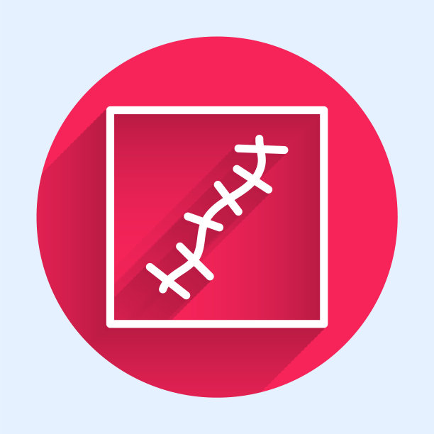 白线疤痕与缝合图标隔离与长阴影。红色圆圈按钮。向量图片下载