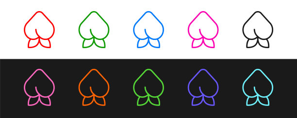 设置线桃果或油桃与叶图标孤立在黑色和白色背景。向量图片下载