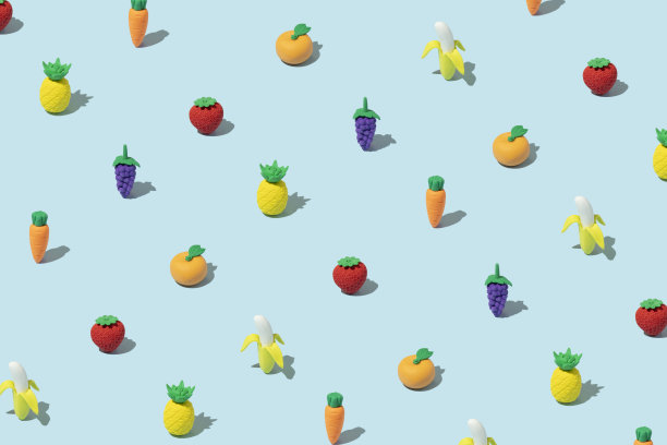 时尚的阳光夏天的图案与明亮的浅蓝色背景上的各种水果。最小的夏季食物概念。图片下载