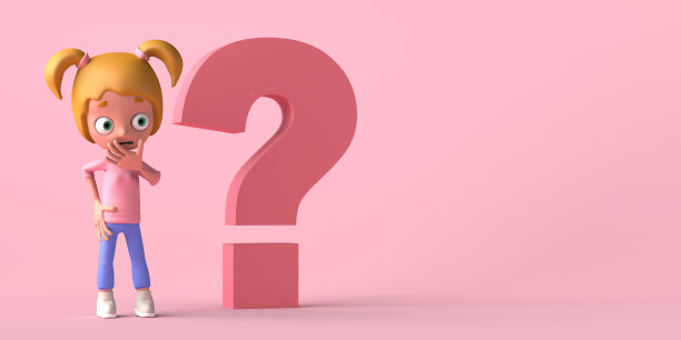 女孩的手和嘴和许多疑问旁边的巨大问号。副本的空间。3 d演示。卡通。图片下载