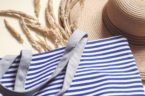 天然有机棉条纹蓝色帆布手提袋，草帽和干草。平躺夏季时尚照片女性的配饰图片下载