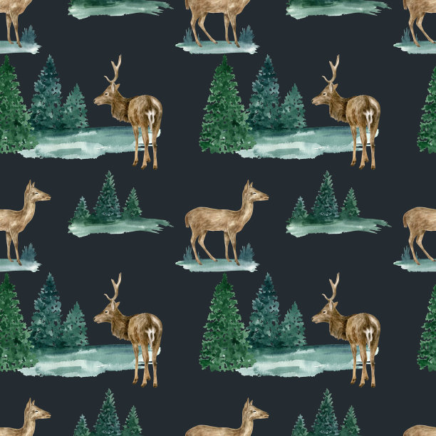 水彩圣诞无缝图案与鹿和风景。手绘现实的鹿，小鹿与冷杉树在深蓝色的背景。林地插图的织物，墙纸，印刷。图片下载