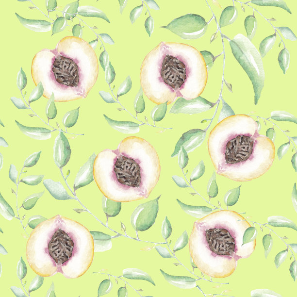 绿色无缝桃花图案。桃子。图片下载