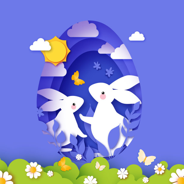 复活节快乐贺卡与可爱的白兔子剪纸风格。兔子，花和蝴蝶。现代风格的春假。寻找复活节彩蛋。春天的景象。图片下载