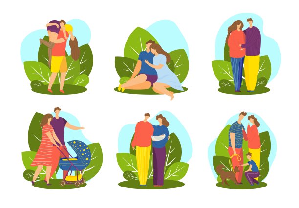 未来的父母，怀孕，家庭与孩子集，矢量插图，男人女人角色情侣约会在一起，怀孕的母亲父亲走。图片下载