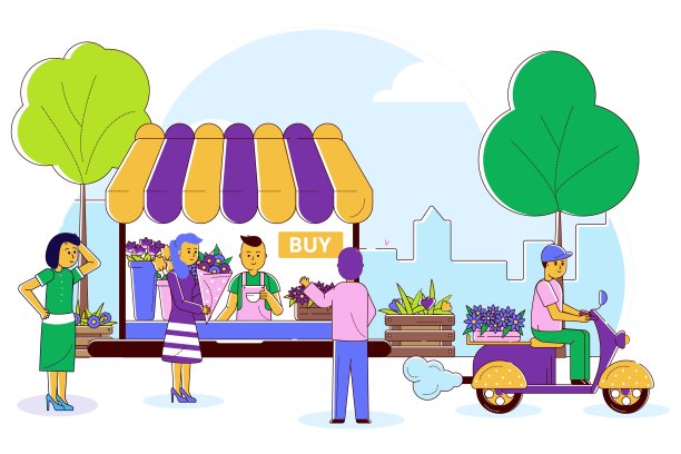 商店设计中以鲜花、矢量插图、线条人物形象购买花束，平面植物装饰供快递人员使用。图片下载