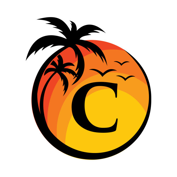 海滩标志上字母C矢量标志。热带海滩的暑假与C标志。日落夏天旅游标志海滩，海，日落标志设计矢量模板图片下载