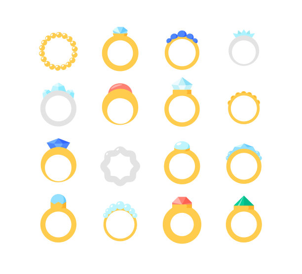 环集合。金或银饰品与宝石，钻石，宝石。珠宝集。平面向量图片下载