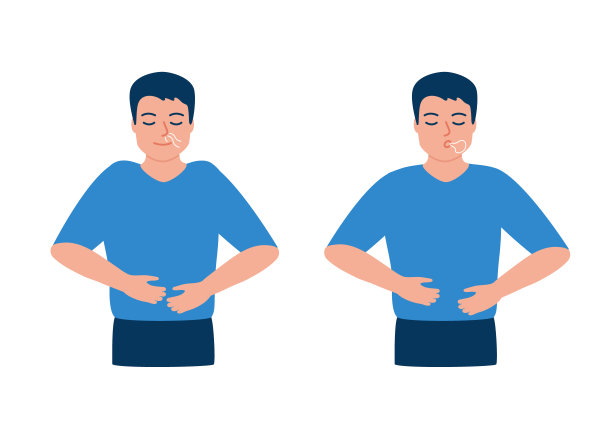 男人正在做呼吸练习，深呼吸，呼气和吸气，健康的瑜伽和放松，矢量图图片下载