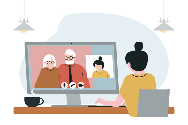 电脑视频前的卡通女人给爷爷奶奶打电话。可爱的女孩在应用程序中与年长的家庭成员交谈。互联网通信的概念图片下载