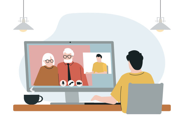 卡通人物在电脑视频前打电话给祖父母。帅哥在应用程序里和家人聊天。互联网通信的概念图片下载