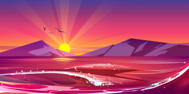 日落在海洋与飞溅的波浪，自然景观图片下载