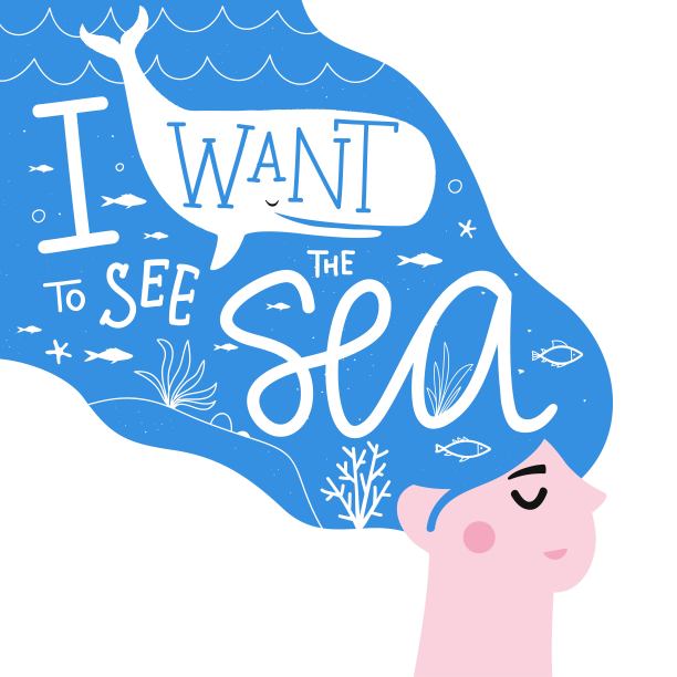 矢量插图与妇女与鲸鱼和鱼在头发和字母文本-我想看到海。图片下载