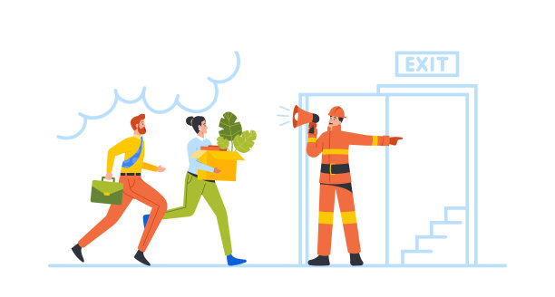 办公室工作场所的危害。消防队员用扩音器宣布紧急疏散。男性和女性角色逃脱图片下载