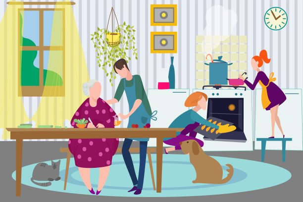 家人一起在家，矢量插图。快乐的奶奶，妈妈，爸爸，小孩在厨房做饭，女人用烤箱。图片下载