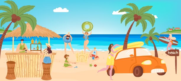 夏季海滩度假矢量插画：人们在海边休闲放松图片下载