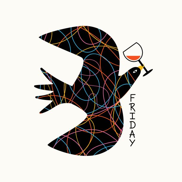 矢量插图与飞行的鸟与一杯红酒和字母字星期五。图片下载