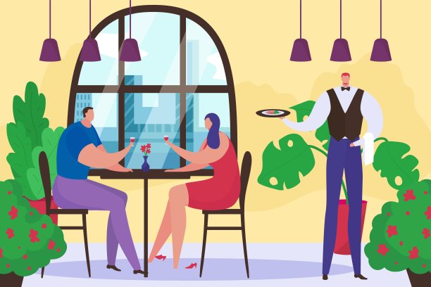 餐厅与情侣在浪漫的约会，矢量插图，平人男人女人性格在桌子吃饭，咖啡馆服务员拿菜。图片下载