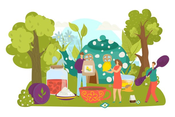 茶饮为人，矢量插图。小扁平的男女角色在杯子里做热饮，人拿着勺子、茶袋、柠檬。图片下载