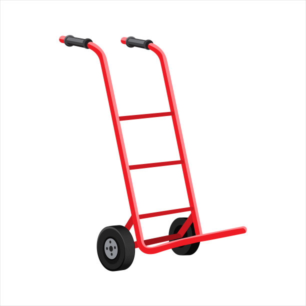 空金属手推车。有两个把手和两个轮子的手推车，用来搬运纸箱。平面和纯色矢量插图。图片下载