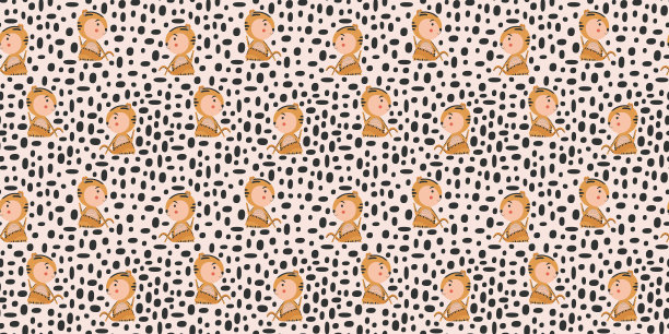 卡通无缝图案的瑜伽老虎坐在体位半主鱼姿势与半扭转脊柱Ardha Matsyendrasana和黑色抽象点在粉红色的米色背景。向量图片下载