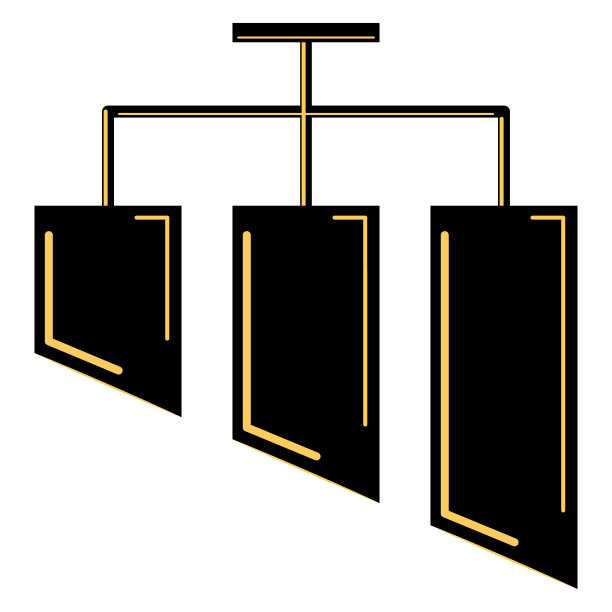 由三个平台制成的顶灯。三重灯罩角度。悬挂式吊灯，用于家庭和办公室照明。灯的设计。矢量图标，黑色，黄色，剪影，平面，孤立图片下载