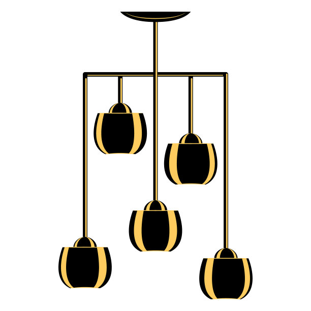 由五个平台制成的天花板灯。球形灯罩球形灯罩悬挂式吊灯，用于家庭和办公室照明。灯的设计。矢量图标，黑色，黄色，剪影，平面，孤立图片下载