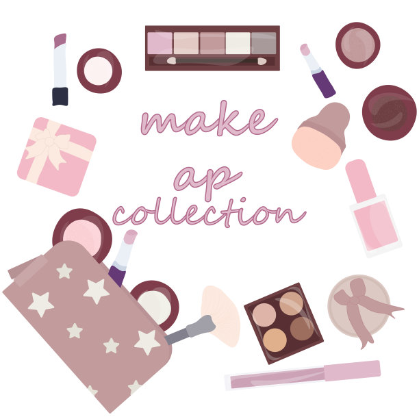 一套向量化妆品集合。刷子、口红、眼影、调色板、液体口红、指甲油、化妆包。图片下载