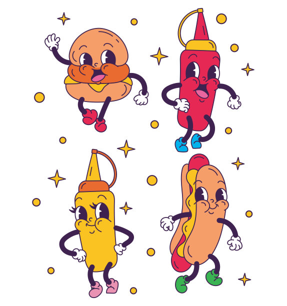 一套剪贴画，用老式卡通食物涂鸦。孤立在一个白色的背景。图片下载