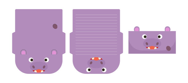 可爱可爱的河马书信书写文具纸激光切割卡模板。用于问候、邀请、感谢卡的动物设计。矢量插图。图片下载