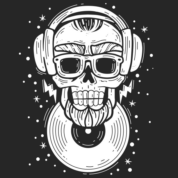 潮人的头骨dj。嬉皮士骷髅头DJ音乐标志。剪影头部矢量孤立插图。留着胡子的脸在黑色的背景下变得惨白图片下载