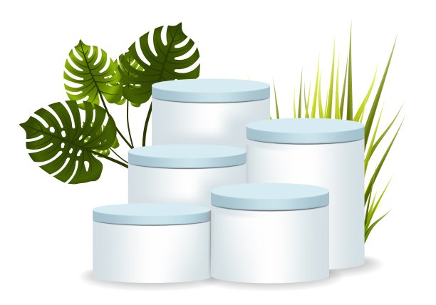 讲台与Monstera deliciosa和草向量插图在白色背景。白色舞台3d背景显示或蒙太奇产品。图片下载