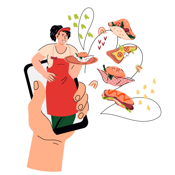 在线订餐，餐厅外卖平面漫画矢量插图孤立。图片下载