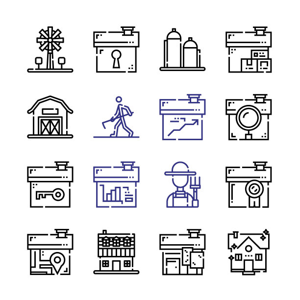 村庄图标设置与线图标。现代细线风格。适合Web和移动图标。矢量插图EPS 10。图片下载