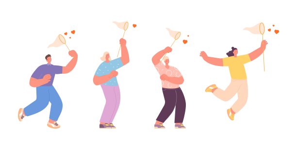 用网抓住一颗心。人们抓住心，幸福的女人和男人找到爱情和浪漫的感觉。关系，喜欢和成人游戏矢量概念图片下载
