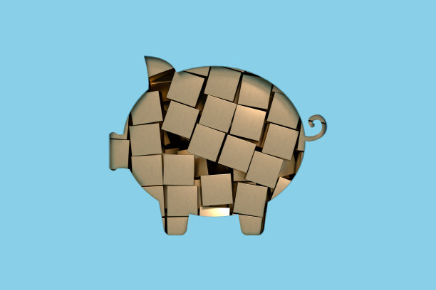 储蓄罐里有金条，金融概念蓝色背景图片下载