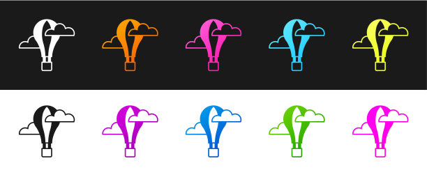 设置热气球图标孤立在黑白背景上。航空运输。向量图片下载