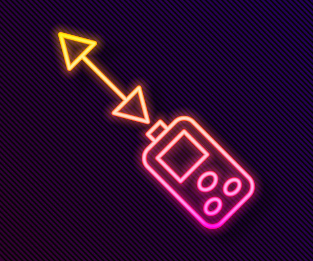 发光氖线激光距离测量图标孤立在黑色背景上。激光测距仪测量设备。向量图片下载