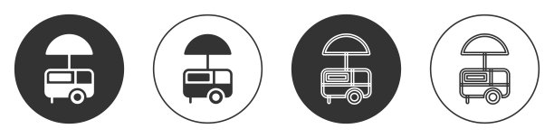 黑色快速街头食品车与遮阳篷图标孤立在白色背景上。城市亭。冰淇淋卡车。圆按钮。向量图片下载