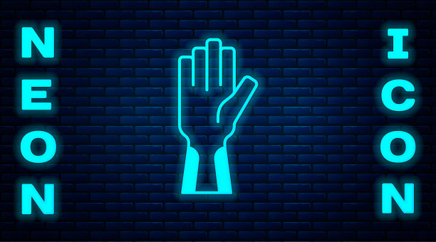 发光的霓虹灯防护手套图标孤立在砖墙背景上。向量图片下载