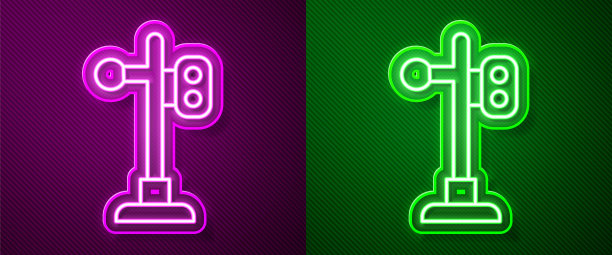 闪烁的霓虹灯线火车交通信号灯图标孤立在紫色和绿色的背景。铁路上用来调节火车运行的交通灯。向量图片下载
