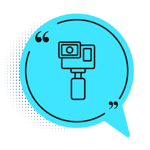 黑线行动极端相机图标孤立在白色背景上。拍摄极限运动的摄像机设备。蓝色的语音泡泡符号。向量图片下载