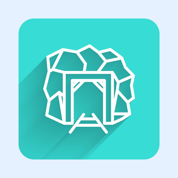 白线矿井入口图标孤立与长阴影背景。绿色广场按钮。向量图片下载