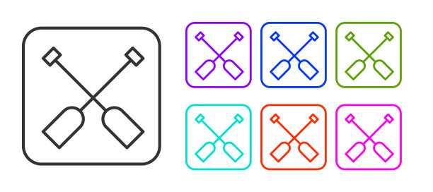 黑色线桨图标孤立在白色背景。桨划船。设置图标丰富多彩。向量图片下载