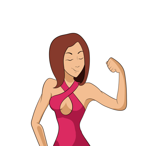 矢量女性运动员肖像孤立在白色背景，微笑和显示肌肉提示女孩在粉红色运动服，卡通插图，健身房体操健身概念。图片下载