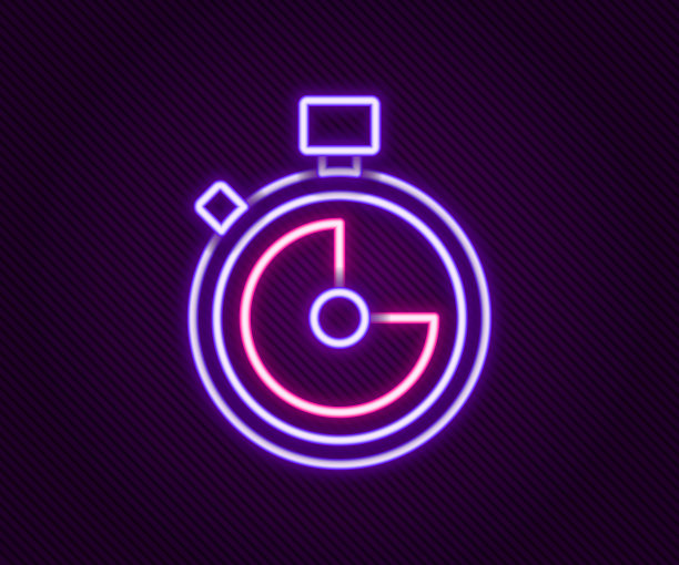 发光的霓虹灯行秒表图标孤立在黑色背景上。时间计时器的迹象。天文钟的迹象。色彩斑斓的轮廓的概念。向量图片下载