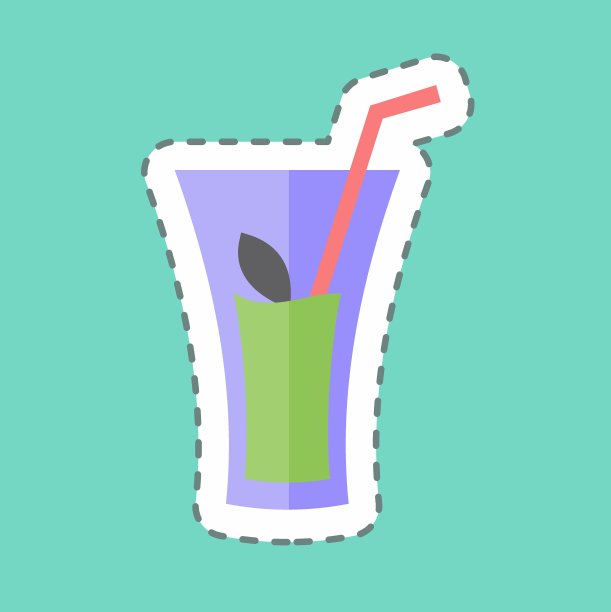 草本饮料贴纸在时尚线削减孤立的蓝色背景图片下载